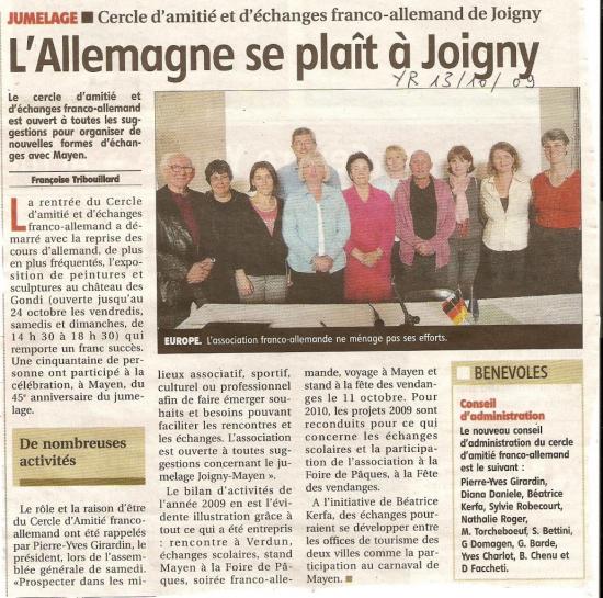 13.10.09 L'Yonne Républicaine: L'Allemagne se plaît à Joigny
